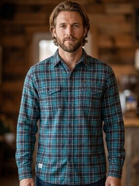 Ed Hardy Teal Plaid Button-Up Shirt Size Med